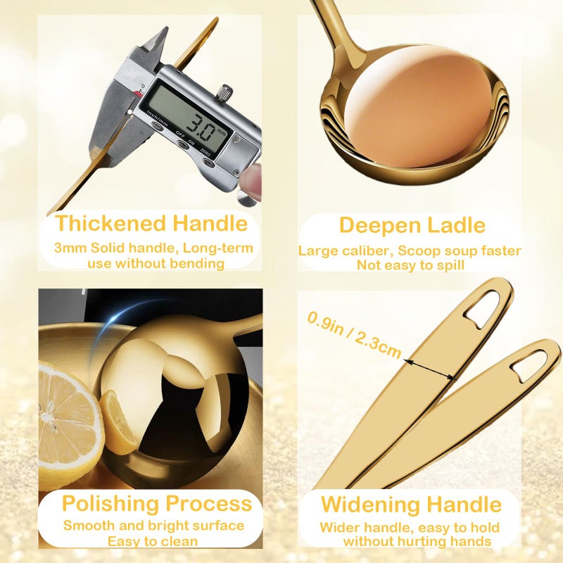 Bigwinyep Soup Ladle Soup Spoons 304 Stainless Steel Gold Ladle, 12.2Inch Long Handle Large Serving Spoon for Cooking Buffet, Party, Kitchen, Gold - Image 3