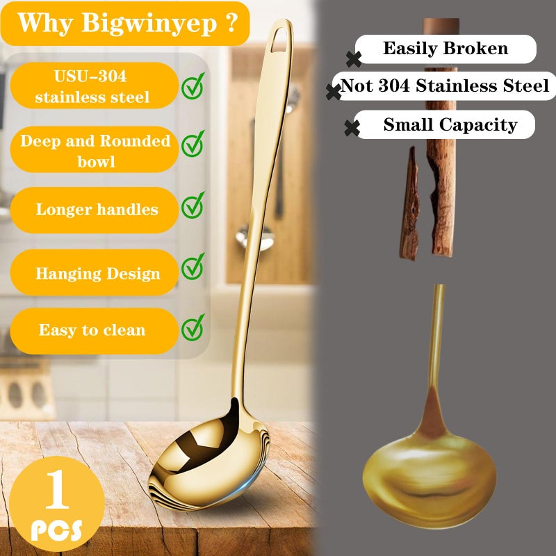 Bigwinyep Soup Ladle Soup Spoons 304 Stainless Steel Gold Ladle, 12.2Inch Long Handle Large Serving Spoon for Cooking Buffet, Party, Kitchen, Gold - Image 5