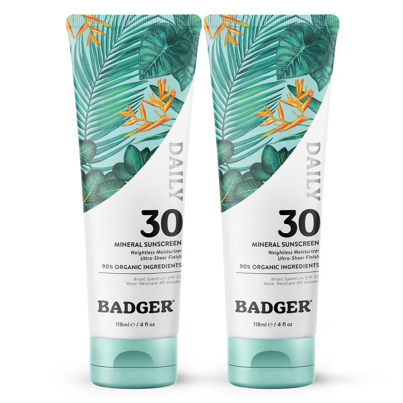 Badger Mineral Daily Sunscreen with Zinc Oxide, SPF 30, Lightweight & Easy to Apply w/No White Cast, Moisturizing Organic Sunscreen, Reef Safe, Vegan, Unscented, 4 fl oz, 2-Pack - Image 1