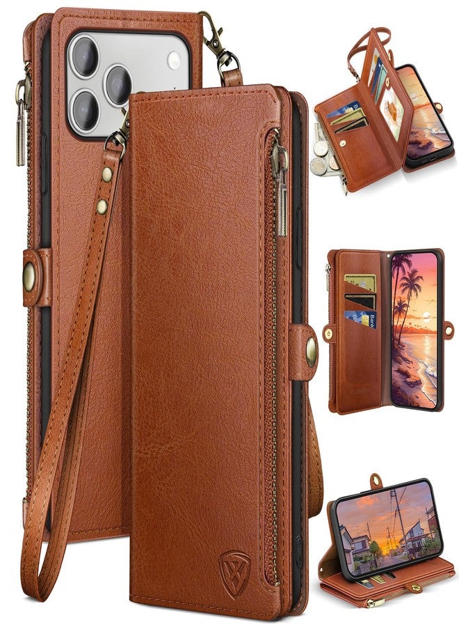 XcaseBar compatible with iPhone 17 Pro Max 6.9" Wallet case with Zipper Credit Card Holder【RFID Blocking】,Flip Folio Book PU Phone case Shockproof Cover Women Men for Apple 17 Pro Max case Light Brown - Image 1