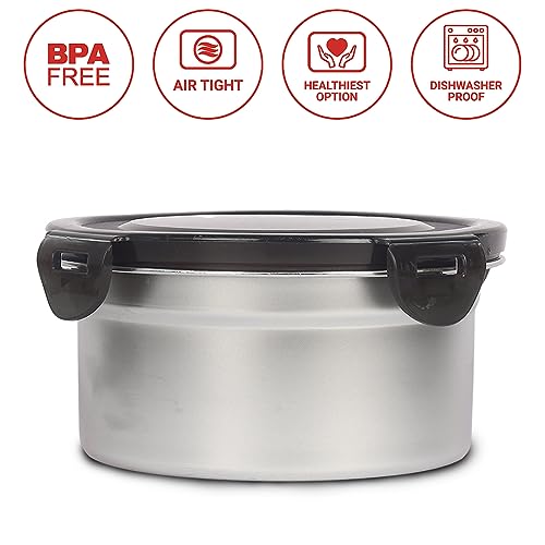Femora Lunch Box High Steel Round Heavy Duty Airtight Leakproof Unbreakable Storage Container With Lock Lid Lunch Box For Office-College-School, Lunch Box - 350 Ml / 12 Oz, Silver - Image 2