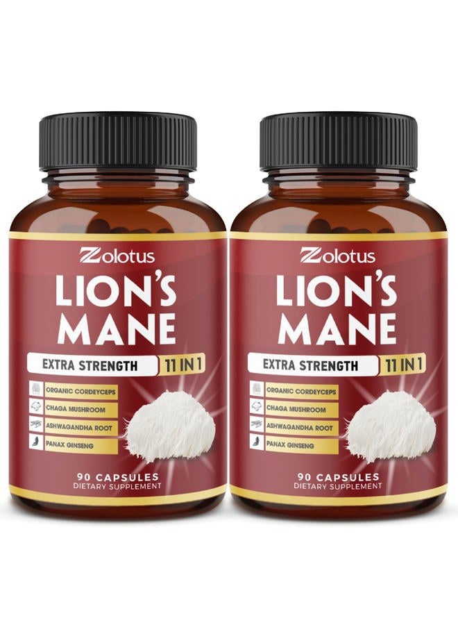 Zolotus 2 Packs 90 Capsules Lions Mane Mushroom Supplement, 6 Month Supply with Cordeyceps, Reishi, Ashwagandha, Focus, Memory and Brain Support Supplement, Immune Support, Energy Pills  - Image 1
