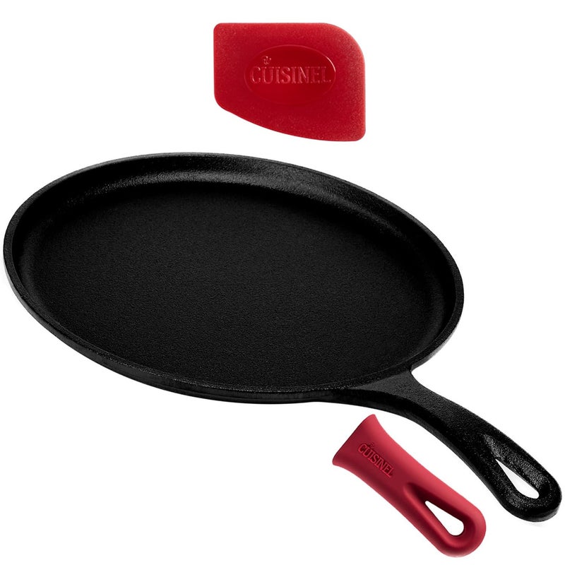 Cuisinel Cast Iron Round Griddle  105 Crepe Maker Pan  Silicone Handle Cover  PreSeasoned Comal for Tortillas Flat Skillet  Dosa Tawa Roti Grill  Use Oven Stove BBQ Fire Smoker Induction