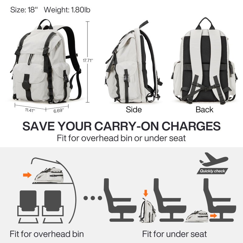 mixi Travel Backpack for Women Men, 18 Inch Carry On Laptop Backpack Flight Approved fits 16'' Laptop, Lightweight Waterproof Hiking Backpack Travel Outdoor Business Casual Daypack, Light Gray - Image 5