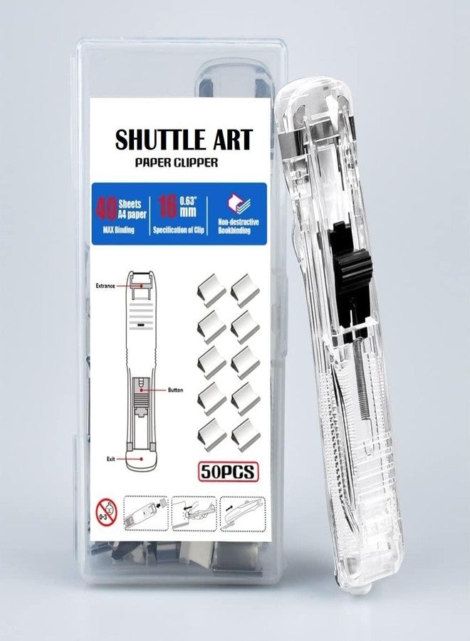 Shuttle Art Upgraded Office Stapler, 2026 Portable Handheld Paper Clam Clip Dispenser with 50pcs Metal Refill Clips or Office Home School Teacher Gifts Kitchen (Transparent +Sliver Clips) - Image 1