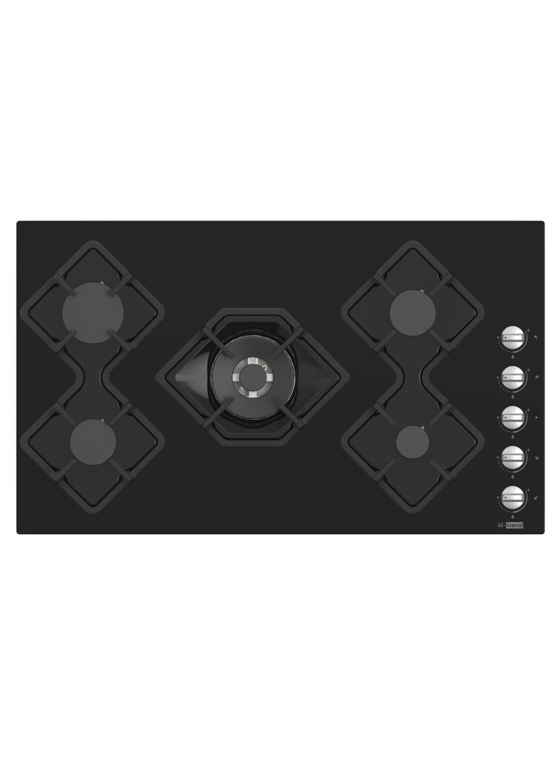 GL General General GL Built In Black Steel 5 Burner Cooker, 90x52cm, Total Safety, Auto ignition,  Cast iron pan support, Easy to Clean High Quality Material, Side Keys  - Image 1