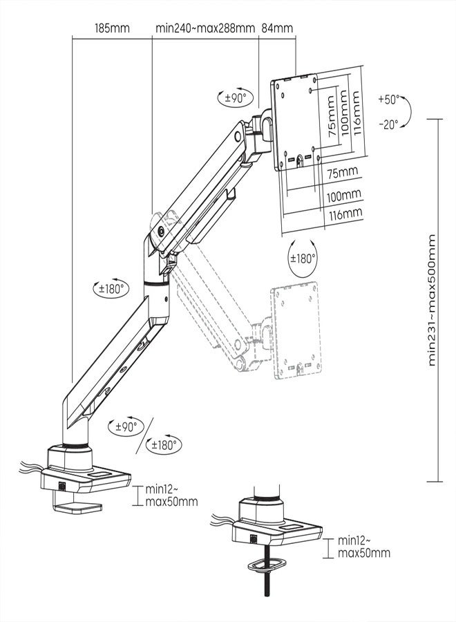 Skill Tech SH69 C012UC Desk-Mounted Heavy-Duty Gas Spring Monitor Arm With USB-A/USB-C Ports For Most 17"-49" Screens, VESA 100x100, Max Load Capacity 20 Kg - Image 2