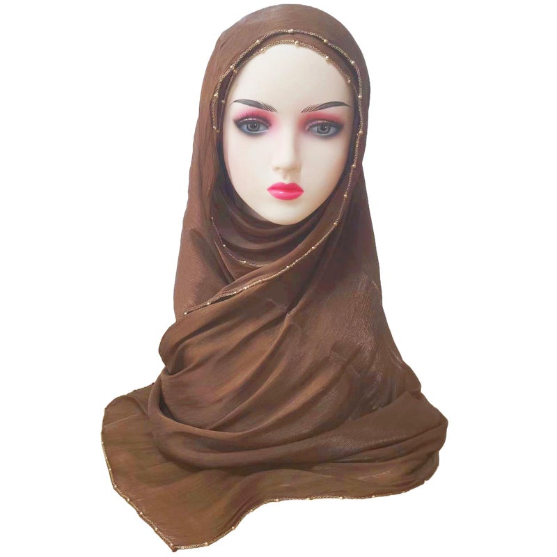 HURESON Women Premium Hijab Scarf for Women Lightweight 4 Edges Beaded Shimmer Hijabs Crepe Scarves Shawls Head Wraps Shiny (Gold brown) - Image 3