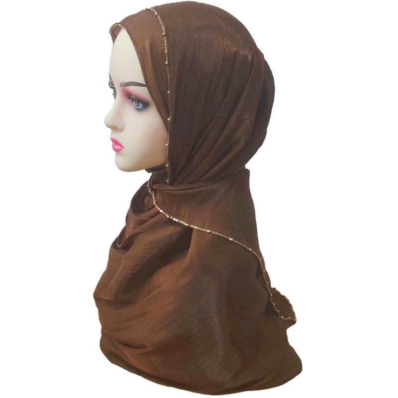 HURESON Women Premium Hijab Scarf for Women Lightweight 4 Edges Beaded Shimmer Hijabs Crepe Scarves Shawls Head Wraps Shiny (Gold brown) - Image 2