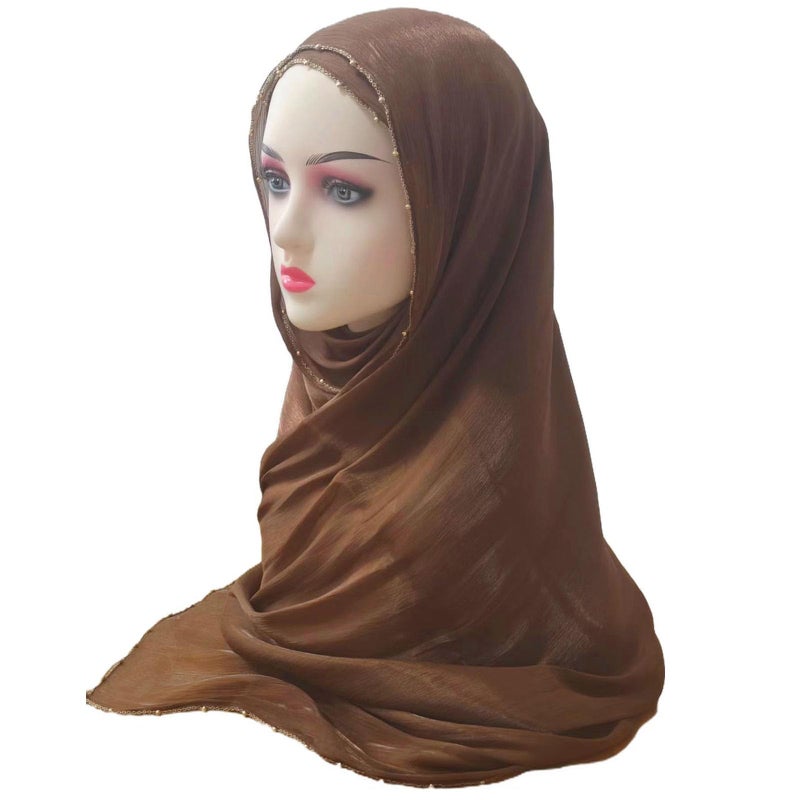 HURESON Women Premium Hijab Scarf for Women Lightweight 4 Edges Beaded Shimmer Hijabs Crepe Scarves Shawls Head Wraps Shiny (Gold brown) - Image 4