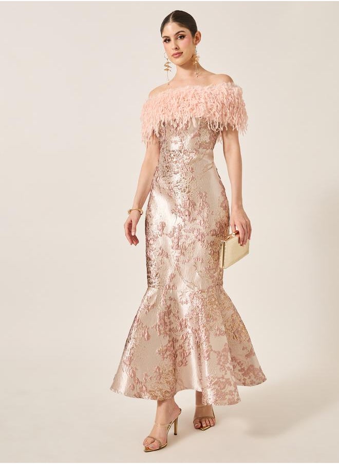 Styli - Jacquard Faux Fur Detail Mermaid Maxi Dress - Image 1