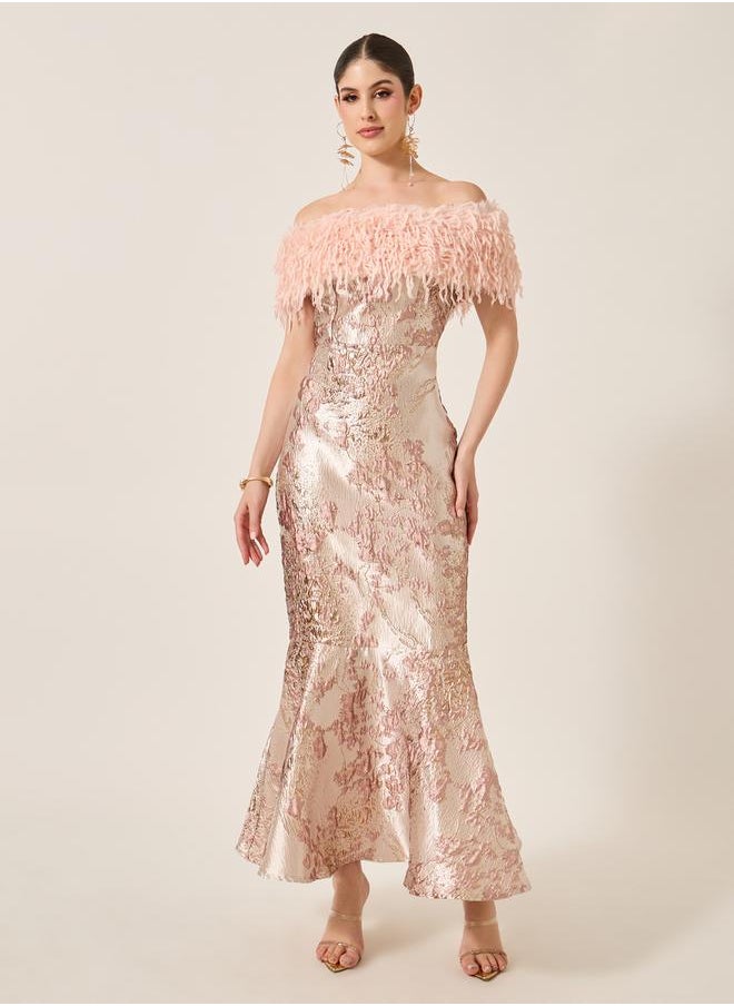Styli - Jacquard Faux Fur Detail Mermaid Maxi Dress - Image 1