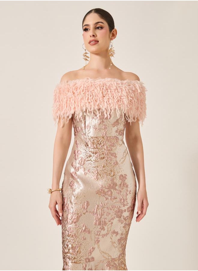 Styli - Jacquard Faux Fur Detail Mermaid Maxi Dress - Image 1