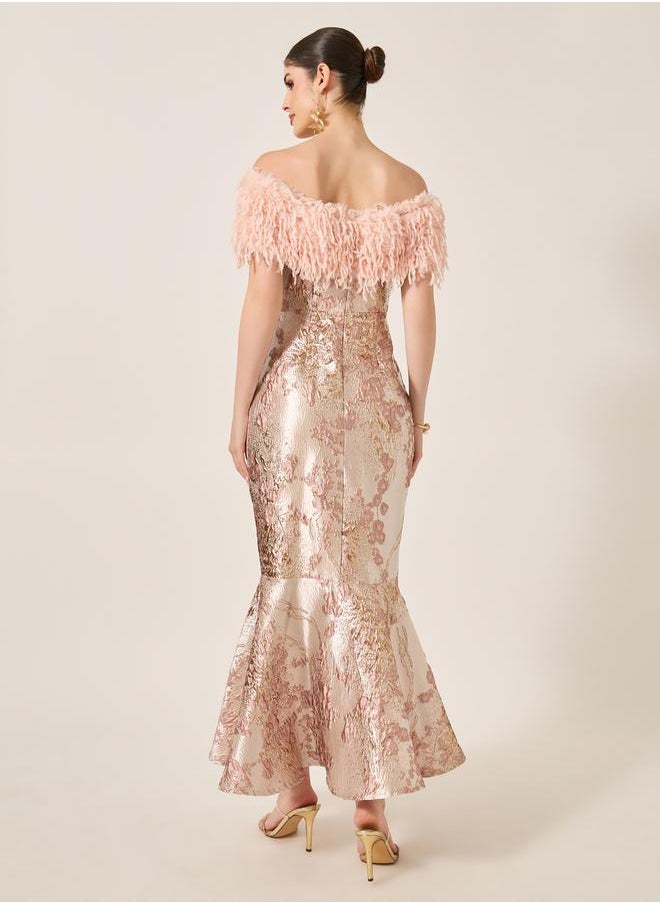Styli - Jacquard Faux Fur Detail Mermaid Maxi Dress - Image 1