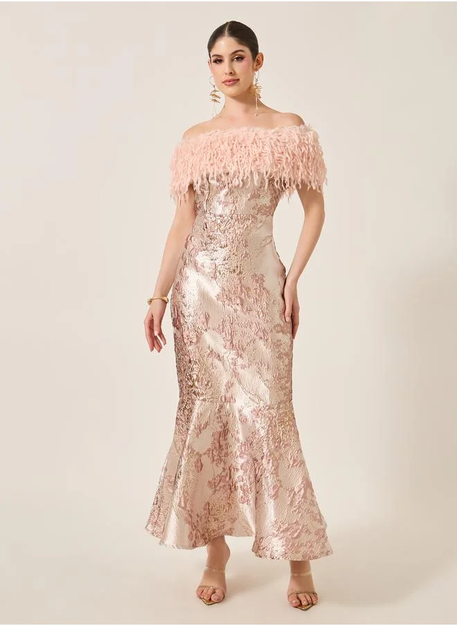 ستايلي Styli Jacquard Faux Fur Detail Mermaid Maxi Dress