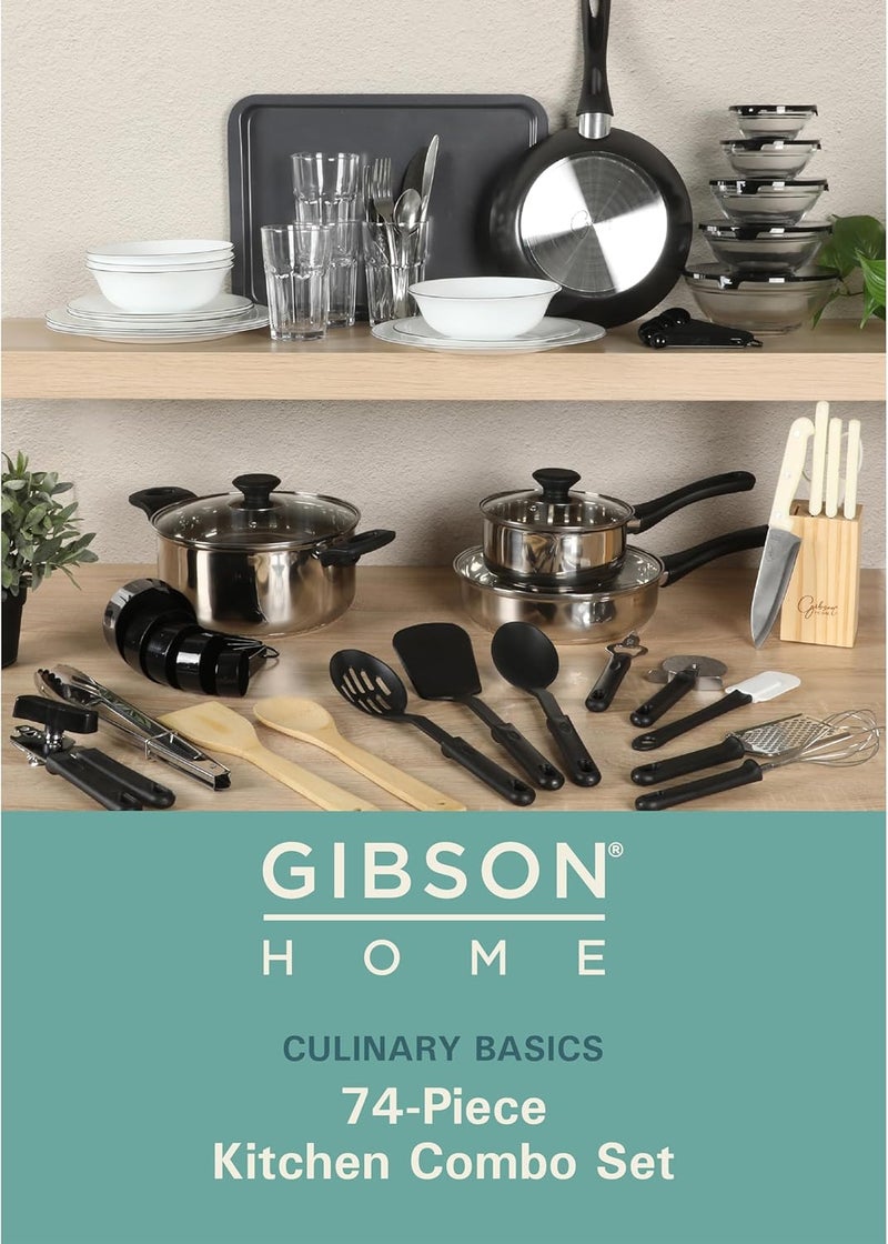 Gibson Home 74 Piece Kitchen in a Box Pots and Pans Cookware Plates and Bowls Dinnerware Cutlery Knife Block Flatware Utensils Tools  Gadgets Storage Glasses Set - Image 2