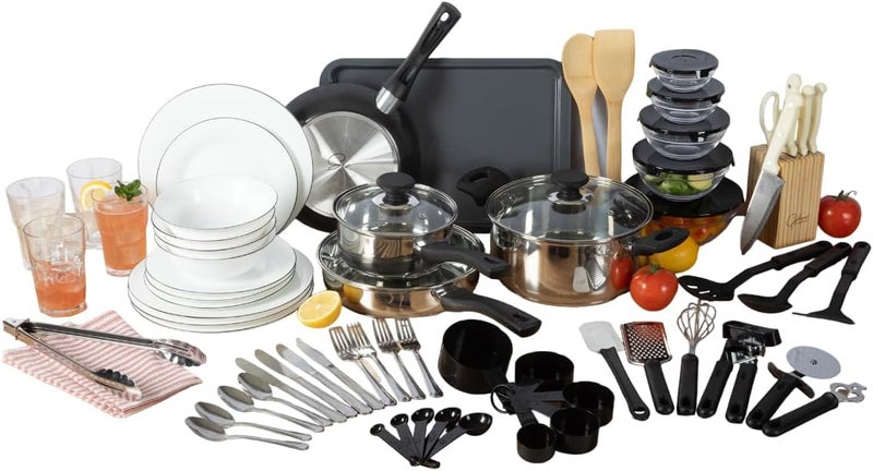 Gibson Home 74 Piece Kitchen in a Box Pots and Pans Cookware Plates and Bowls Dinnerware Cutlery Knife Block Flatware Utensils Tools  Gadgets Storage Glasses Set - Image 1
