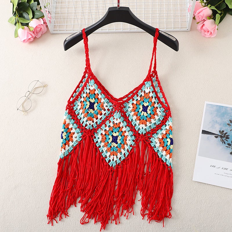 Dream Horse Ethnic Style Sling Vacation With Bohemian Tassel Vest Hollow Knitted Color Matching Short Summer - Image 1