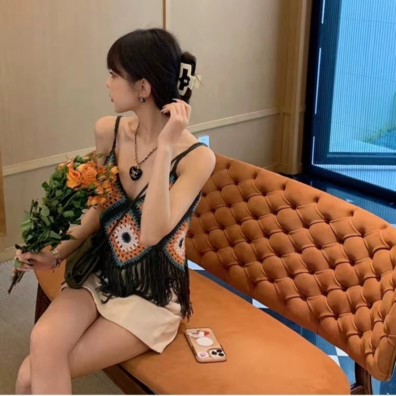 Dream Horse Ethnic Style Sling Vacation With Bohemian Tassel Vest Hollow Knitted Color Matching Short Summer - Image 4
