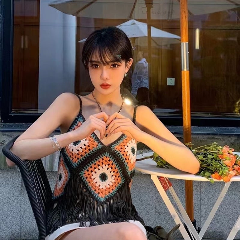 Dream Horse Ethnic Style Sling Vacation With Bohemian Tassel Vest Hollow Knitted Color Matching Short Summer - Image 5