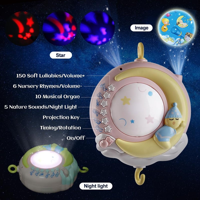 Mini Tudou Baby Musical Crib Mobile with Timing Function Projector and Lights,Hanging Rotating Rattles and Remote Control Music Box with 150 Melodies,Crib Toy for Newborn 0-24 Months - Image 2