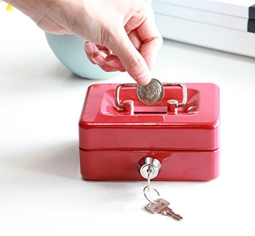 Jssmst Small Lock Cash Box with Money Tray, Locking Money Box for Kids with Slot on Top, Red Lock Box, 5.91 x 4.72 x 2.95 inches, CB003-R - Image 3