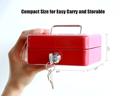 Jssmst Small Lock Cash Box with Money Tray, Locking Money Box for Kids with Slot on Top, Red Lock Box, 5.91 x 4.72 x 2.95 inches, CB003-R - Image 4