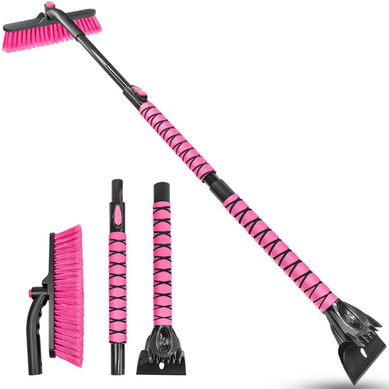 HEEYA 51 Inch Snow Brush for Trucks, Extendable Long Handle Ice Scraper with Brush with Foam Grip, SUV Heavy Duty Snow Brush with Ice Scraper for Car Auto Jeep RV Vehicle Windshield Window - Pink - Image 1