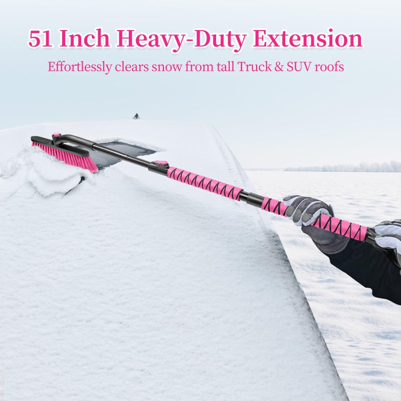 HEEYA 51 Inch Snow Brush for Trucks, Extendable Long Handle Ice Scraper with Brush with Foam Grip, SUV Heavy Duty Snow Brush with Ice Scraper for Car Auto Jeep RV Vehicle Windshield Window - Pink - Image 2