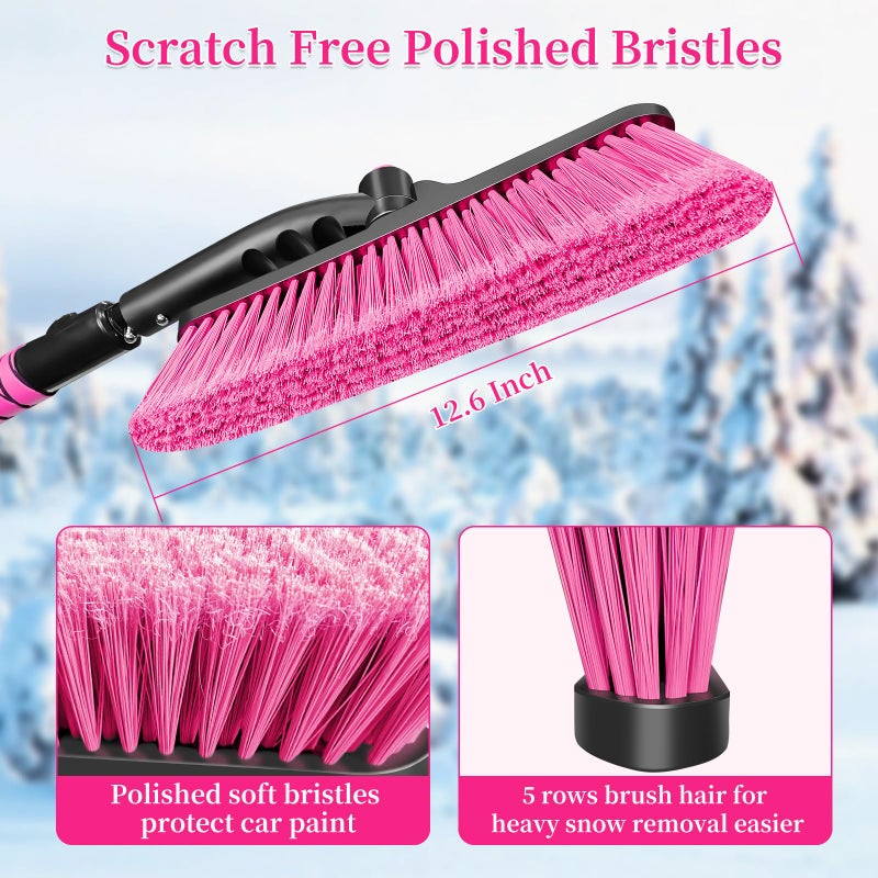 HEEYA 51 Inch Snow Brush for Trucks, Extendable Long Handle Ice Scraper with Brush with Foam Grip, SUV Heavy Duty Snow Brush with Ice Scraper for Car Auto Jeep RV Vehicle Windshield Window - Pink - Image 4