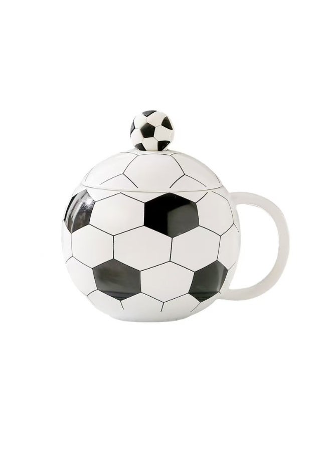 Football-Shaped Ceramic Mug Set with Lid & Spoon, 400ml, Black and White - Image 3