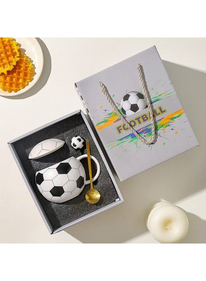 Football-Shaped Ceramic Mug Set with Lid & Spoon, 400ml, Black and White - Image 1