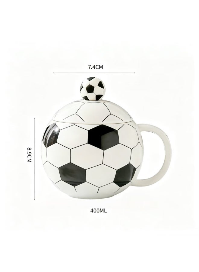 Football-Shaped Ceramic Mug Set with Lid & Spoon, 400ml, Black and White - Image 2