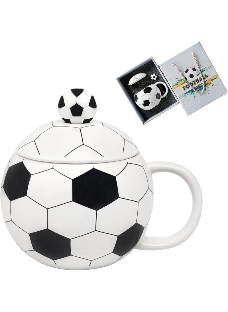 Football-Shaped Ceramic Mug Set with Lid & Spoon, 400ml, Black and White - Image 4