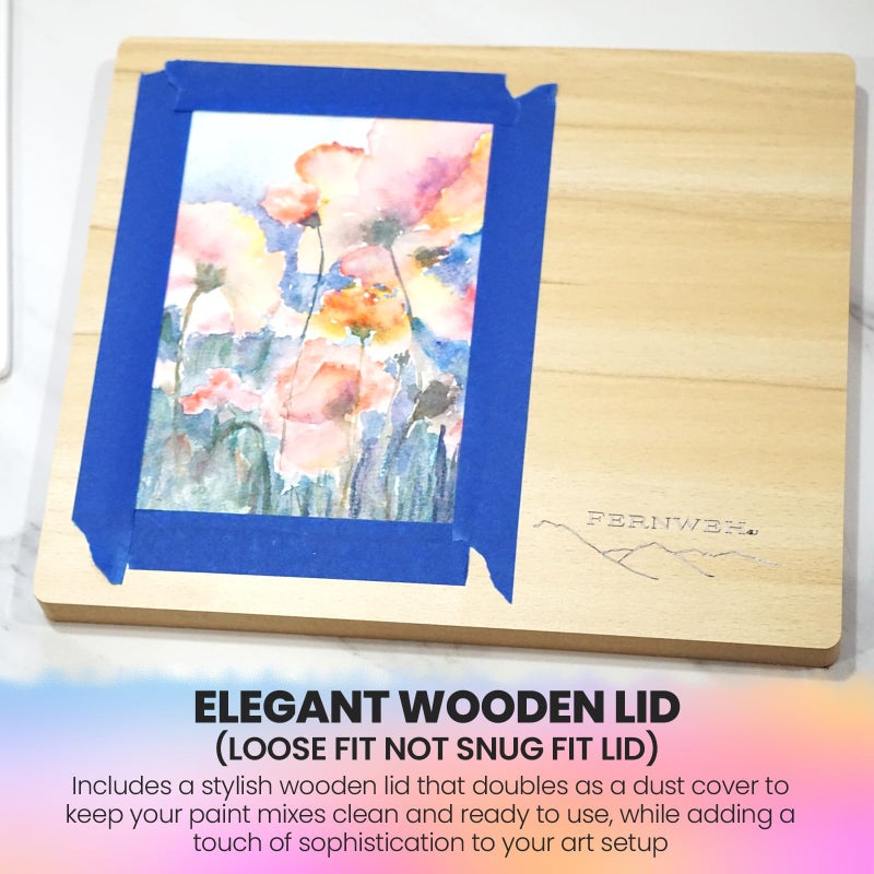 Sensory4u Ceramic Watercolor Paint Palette with Wooden Lid - 12x10 Inch Porcelain Mixing Tray with 22 Wells and 6 Large Wells - Professional Palette for Gouache, Acrylics, and More - Durable Design - Image 3