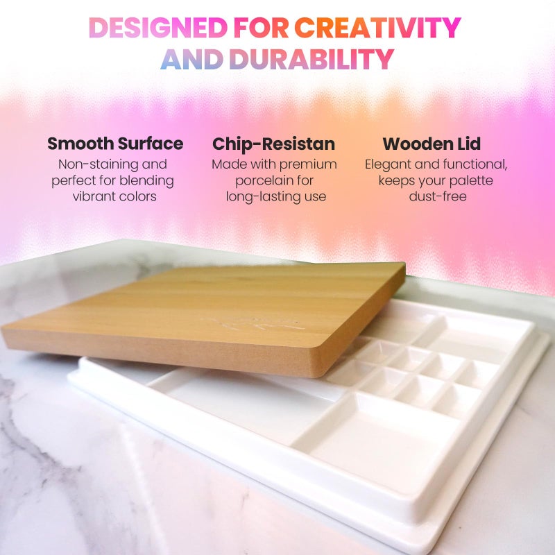 Sensory4u Ceramic Watercolor Paint Palette with Wooden Lid - 12x10 Inch Porcelain Mixing Tray with 22 Wells and 6 Large Wells - Professional Palette for Gouache, Acrylics, and More - Durable Design - Image 4