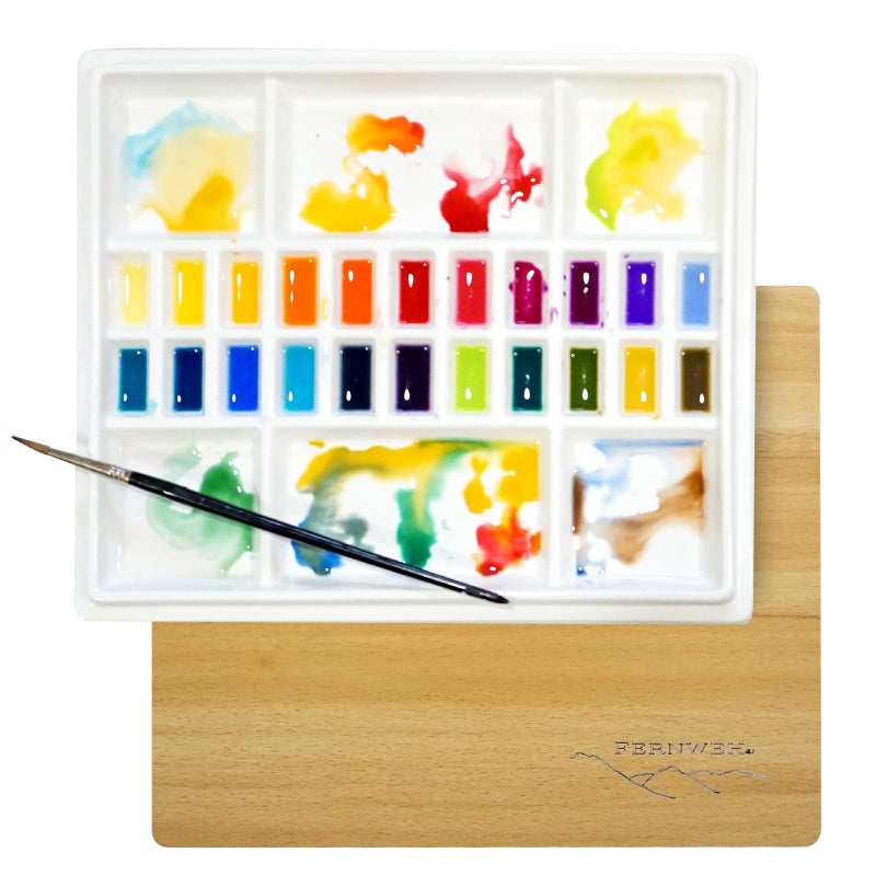 Sensory4u Ceramic Watercolor Paint Palette with Wooden Lid - 12x10 Inch Porcelain Mixing Tray with 22 Wells and 6 Large Wells - Professional Palette for Gouache, Acrylics, and More - Durable Design - Image 1