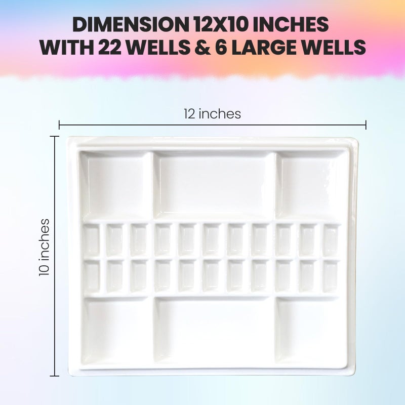 Sensory4u Ceramic Watercolor Paint Palette with Wooden Lid - 12x10 Inch Porcelain Mixing Tray with 22 Wells and 6 Large Wells - Professional Palette for Gouache, Acrylics, and More - Durable Design - Image 2