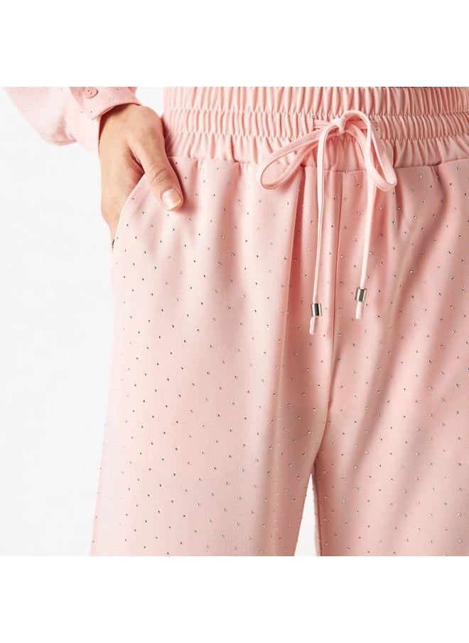 Iconic Iconic All-Over Embellished Flared Leg Pants with Elasticated Waistband and Pockets  - Image 4