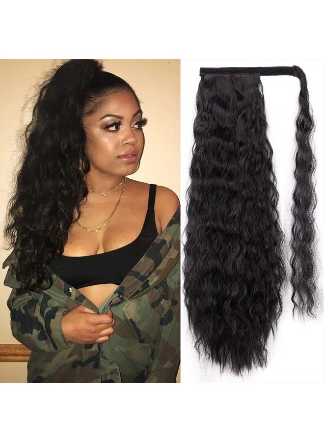 Stamped Glorious إكستنشن ذيل حصان مموج طويل من الذرة مع معجون سحري مقاوم للحرارة، قطعة شعر صناعية سوداء للنساء (22 بوصة، 22 بوصة-أسود) - Image 1