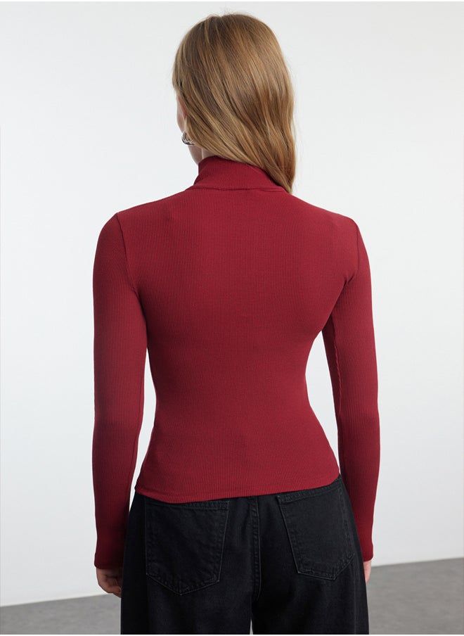 Claret Red Fitted Zipper Collar Stretchy Knitted Blouse TWOAW25BZ00163