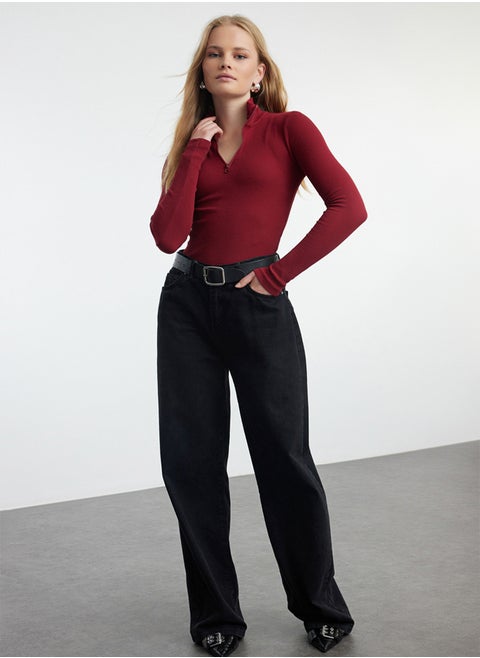 Claret Red Fitted Zipper Collar Stretchy Knitted Blouse TWOAW25BZ00163