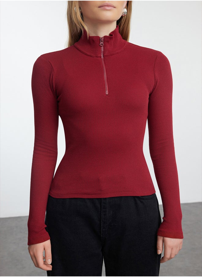 Claret Red Fitted Zipper Collar Stretchy Knitted Blouse TWOAW25BZ00163
