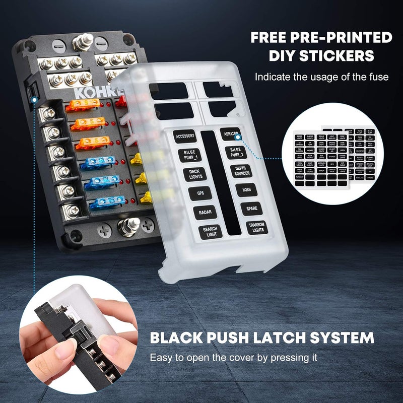 Kohree 12-Way 12V Blade Fuse Block, 12 Volt Automotive Fuse Box Holder Waterproof with Negative Bus 5A 10A 15A 20A Fuse Panel LED Indicator for Auto, RV, Car, Boat, Marine, Truck - Image 4