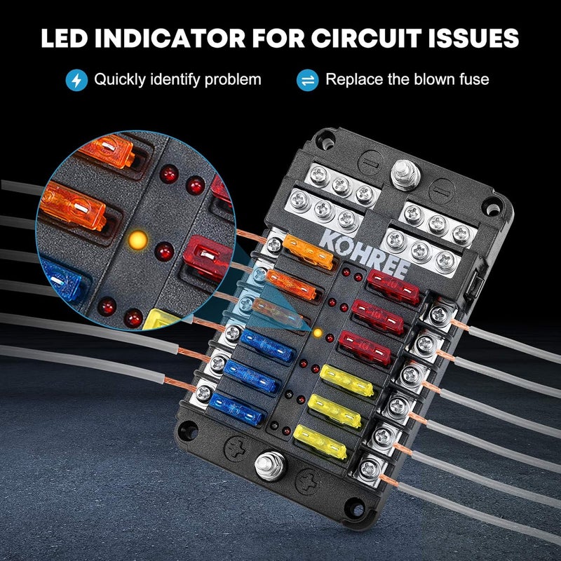 Kohree 12-Way 12V Blade Fuse Block, 12 Volt Automotive Fuse Box Holder Waterproof with Negative Bus 5A 10A 15A 20A Fuse Panel LED Indicator for Auto, RV, Car, Boat, Marine, Truck - Image 3