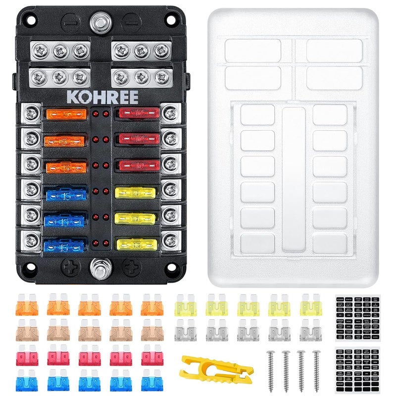 Kohree 12-Way 12V Blade Fuse Block, 12 Volt Automotive Fuse Box Holder Waterproof with Negative Bus 5A 10A 15A 20A Fuse Panel LED Indicator for Auto, RV, Car, Boat, Marine, Truck - Image 1