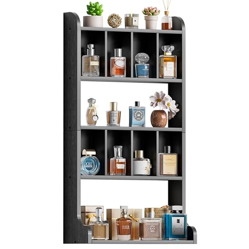 Keebofly Perfume Organizer Wall Mount & Large Cologne Display Case - Wooden Multi-Tier Trinket Shelf for Fragrances, Collectibles, Figures, Miniatures, Cosmetics and Shot Glasses,Black - Image 1