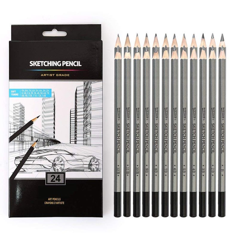 KNAFS 24 Drawing Pencils Set, Art Sketching Pencils 14B, 12B, 10B, 9B, 8B, 7B, 6B, 5B, 4B, 3B, 2B, B, HB, F, H - 9H, Graphite Pencils for Adults & Kid Artists. - Image 1