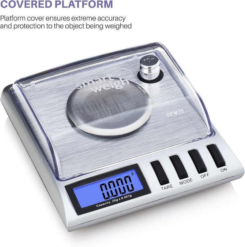 Smart Weigh GEM20-20g x 0.001 grams, High Precision Digital Milligram Jewelry Scale, Reloading, Jewelry and Gems Scale, Calibration Weights and Tweezers Included - Image 2