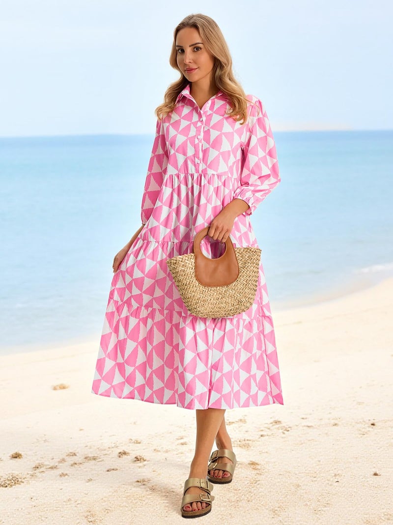 Wenrine Womens Casual Shirt Dress Floral 3/4 Sleeve Button Down V Neck Collared Loose Boho Beach Maxi Dresses A-Pink - Image 3